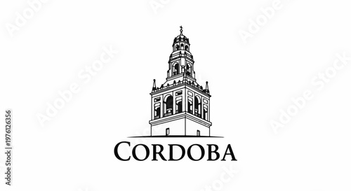 Black and white illustration of a grand bell tower above the word CORDOBA