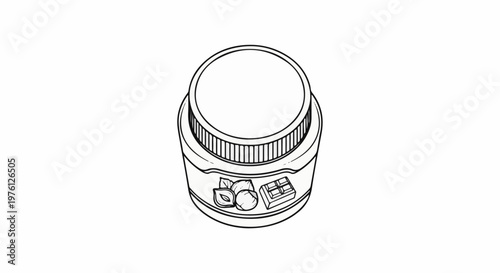 A detailed illustration of a jar with a ribbed lid, showing hazelnuts and chocolate