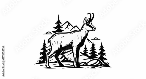 Stylized black and white illustration of a chamois in a mountainous forest scene