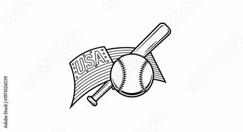 Stylized baseball with bat and US flag motif, bold outline
