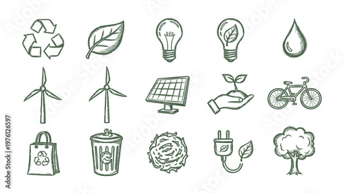 Eco-Friendly Elements: A collection of hand-drawn environmental icons showcasing eco-friendly practices and elements, emphasizing sustainability and environmental awareness.