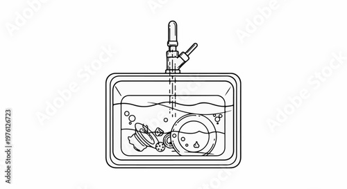 A kitchen sink fills with water, holding dirty dishes and bubbles under a faucet