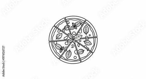 A simple line drawing of a sliced pizza with basil and small round toppings