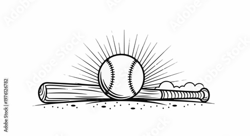 Stylized baseball and bat, radiating sunburst, clouds, and ground details
