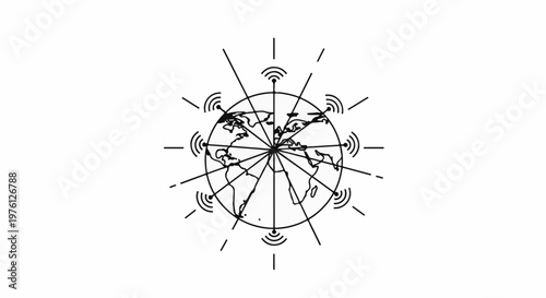 Stylized globe with radiating signals of connectivity