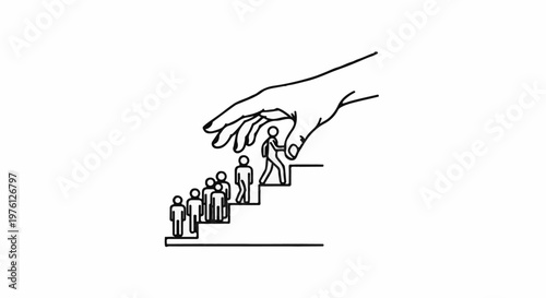 A giant hand guides a person up a set of stairs above a group