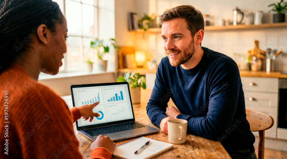 Fototapeta premium Diverse couple analyzing financial data on a laptop at home. Smiling man and woman discussing business strategy with charts and graphs. Teamwork concept