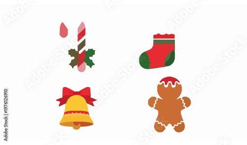 Cute Christmas holiday icon collection with candy cane stocking bell and gingerbread flat vector design
