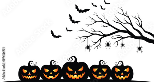 Spooky Halloween Scene Featuring Jack O Lantern Pumpkins, Flying Bats, Spiders Hanging From Dead Tree, CAD Drawing Flat Vector Illustration
