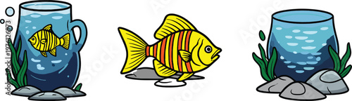 Cartoon Fish in Jug, Stripey Fish, & Fishbowl Aquarium Art Set