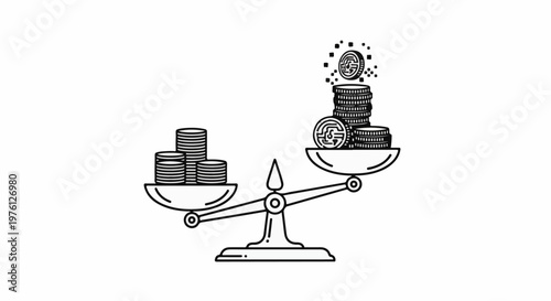 A scale balances stacks of coins, with digital sparks around one stack