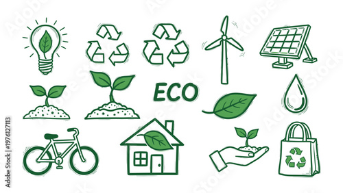 Eco-Friendly Icon Set: A collection of eco-friendly icons representing sustainability, renewable energy, and environmental awareness.