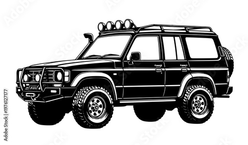 Black and white vintage SUV offroad vector illustration