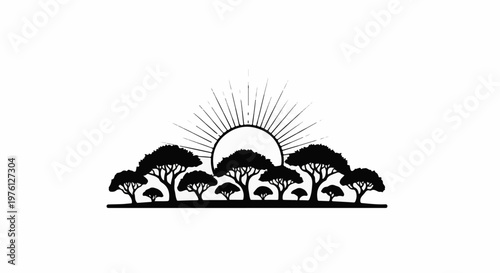 Stylized sun rising over an African savanna silhouette of acacia trees