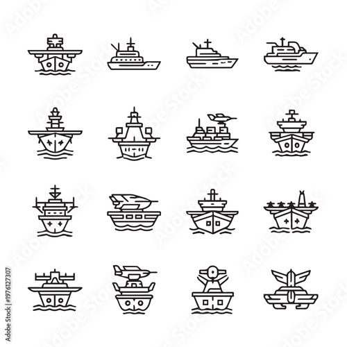 Naval warship and aircraft carrier icons with clean lines on white background