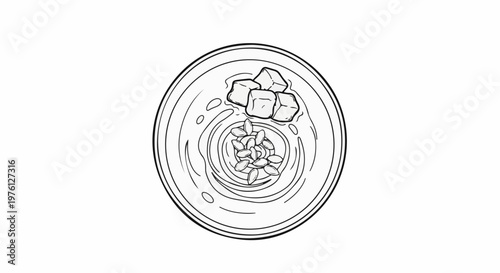 A hand-drawn illustration of a circular bowl of soup topped with croutons and seeds
