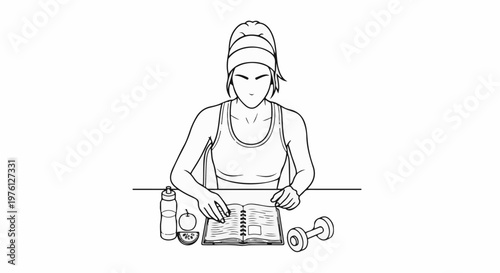 Person reviewing fitness plan with water, fruit, and weights