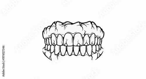 Stylized black and white illustration of a cracked human jaw with teeth