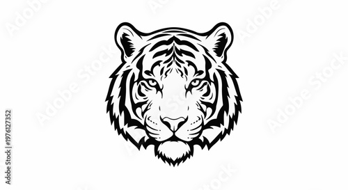 A stylized black and white graphic of a fierce tiger's face