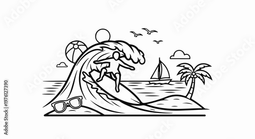 Surfing on a large wave near a tropical island with a sailboat