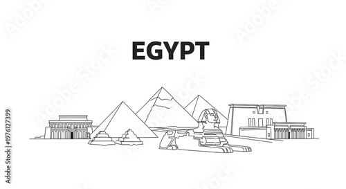 Minimalist egypt skyline line art drawing featuring pyramids sphinx and ancient monuments.