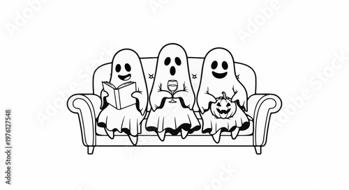 Three cute ghosts are relaxing on a couch with Halloween treats