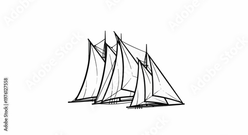 Three sailboats with full sails drift gently on the water