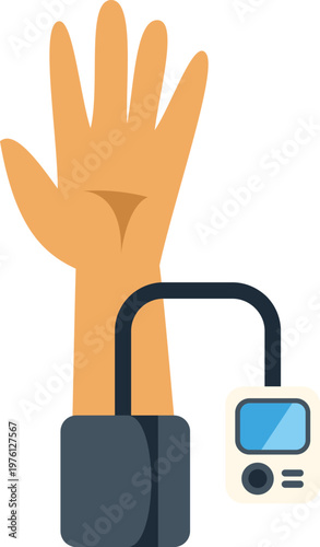 Human arm with a cuff and digital device measuring blood pressure, illustrating health monitoring