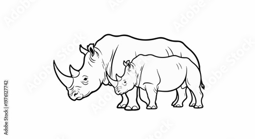 Two rhinos, one large, one small, stand side by side