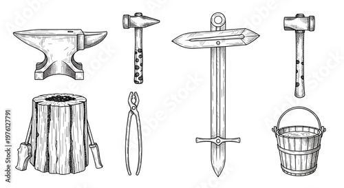 A collection of blacksmithing tools on transparent background