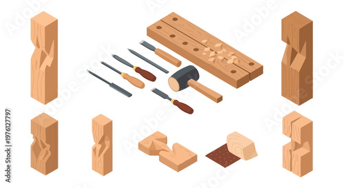 Isometric illustration of wood carving tools and partially carved wooden blocks