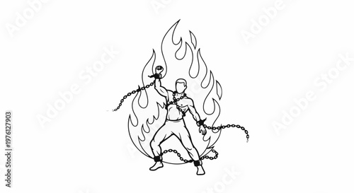 Stripped figure breaks free from chains amid roaring flames