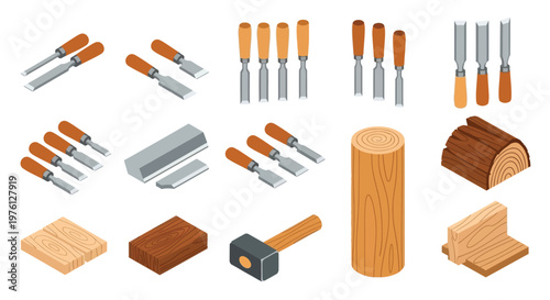 Assorted wood carving tools lumber and workbench components displayed together