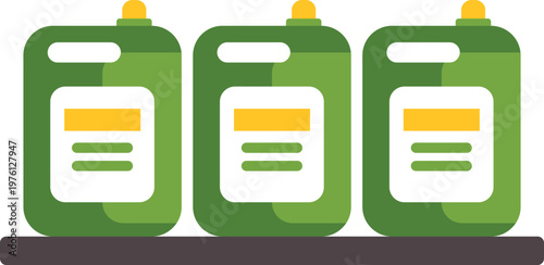Green plastic containers holding chemicals or liquids standing on a dark shelf with a white background