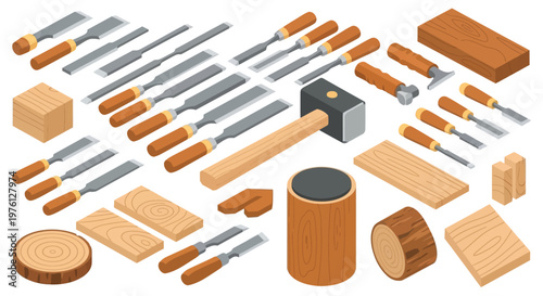 An isometric arrangement of woodworking tools and various wood pieces