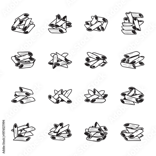 Penne Pasta Arranged in Rows on White Background Hand-Drawn Style