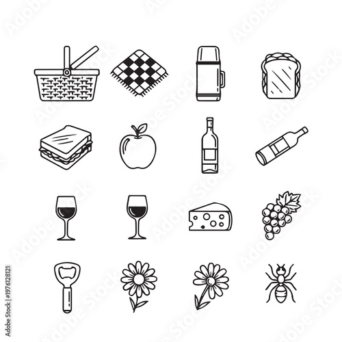 Picnic Icons with Basket and Food Items in Flat Line Style