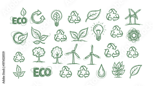 Eco-Friendly Doodle: A collection of hand-drawn green illustrations embodies eco-friendliness, showcasing nature's essence and the power of renewable energy