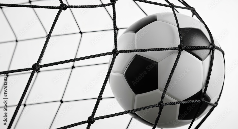 Naklejka premium Classic black and white soccer ball caught in a clean white goal net against a bright, minimalist background.