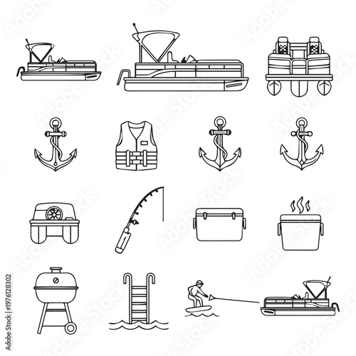 Pontoon Boats and Nautical Gear Collection Outline Icons for Water Recreation and Boating Activities