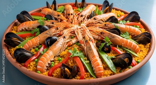 Traditional spanish paella with fresh seafood, colorful and delicious meal closeup.