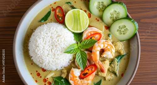 Traditional thai green curry with fresh shrimp and jasmine rice served in ceramic bowl top.