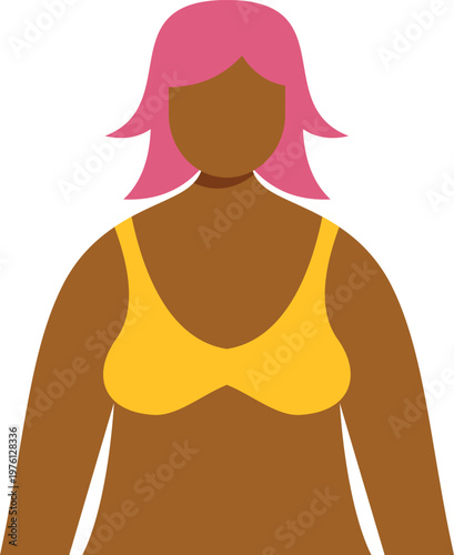 Dark skinned woman celebrating body positivity and diversity with pink hair in a yellow bikini