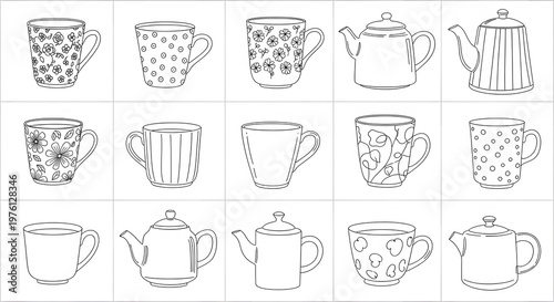 Various hand-drawn line art illustrations of teacups and teapots arranged in grid pattern.