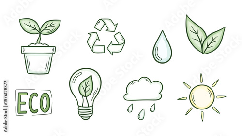 Quadro su tela Eco-Friendly Icons: A collection of charming, hand-drawn icons that celebrate na