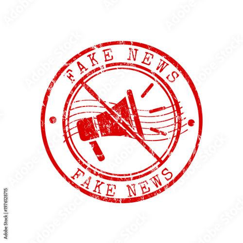 Red fake news stamp with megaphone and grunge effect, vector illustration