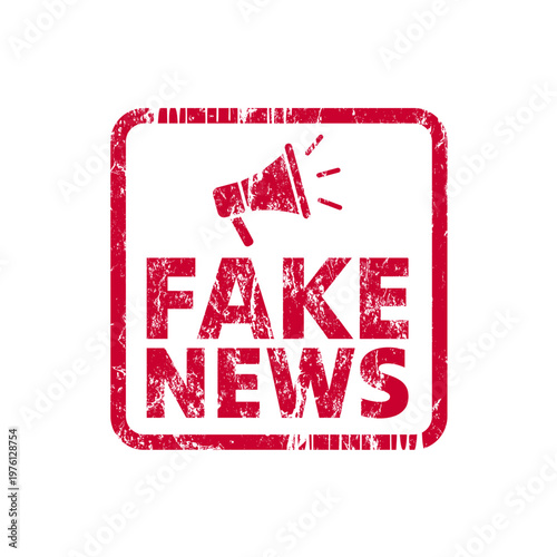 Fake news red stamp with megaphone and grunge effect, vector illustration