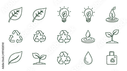 Eco-Friendly Icon Set: An array of hand-drawn icons representing sustainability, environmental protection, and eco-consciousness, promoting green living and mindful consumption.