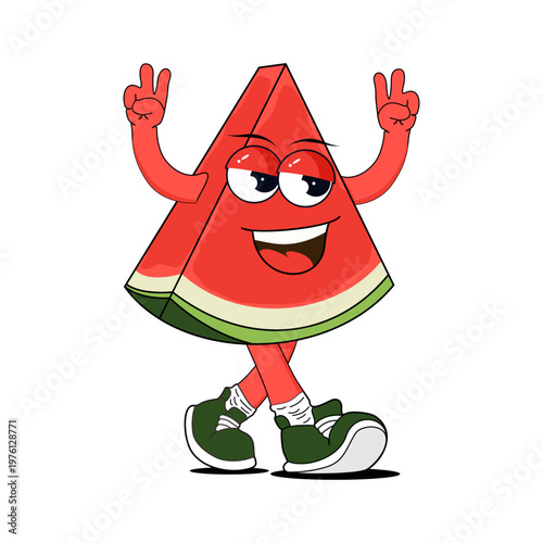 Walking watermelon cartoon mascot, fresh drink character illustration for summer, Cafe and beverage Branding.ai