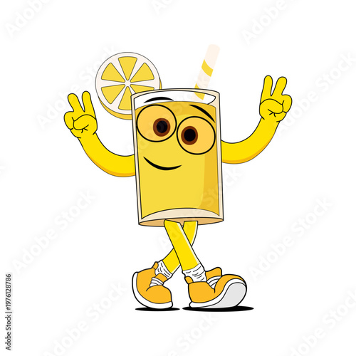 Cool Lemonade Cartoon Character with Sunglasses Walking, Peace Gesture, Fresh Summer Drink Mascot for Cafe, Juice Bar and Packaging.ai